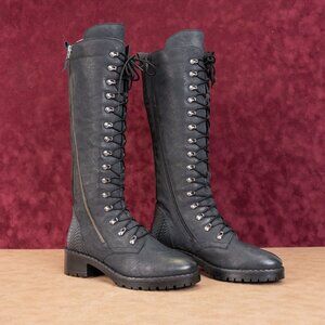 Vintage Foundry Women Henrietta Black Leather Lace-up Zip Combat Knee Boots sz 9